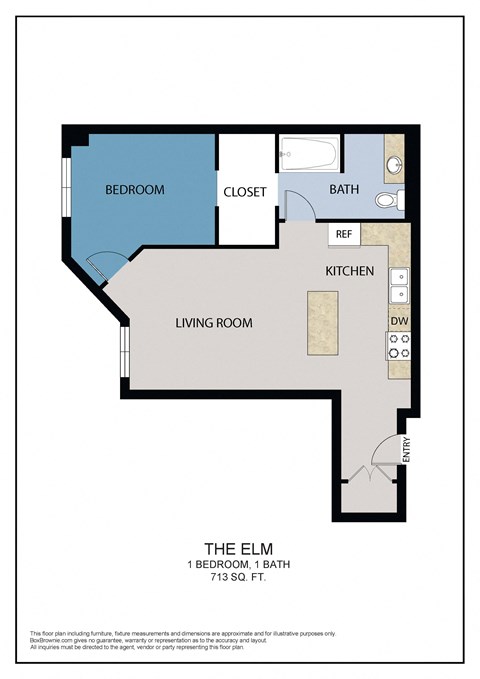 Floor plan for 1 bed, 1 bath, 713 sqft